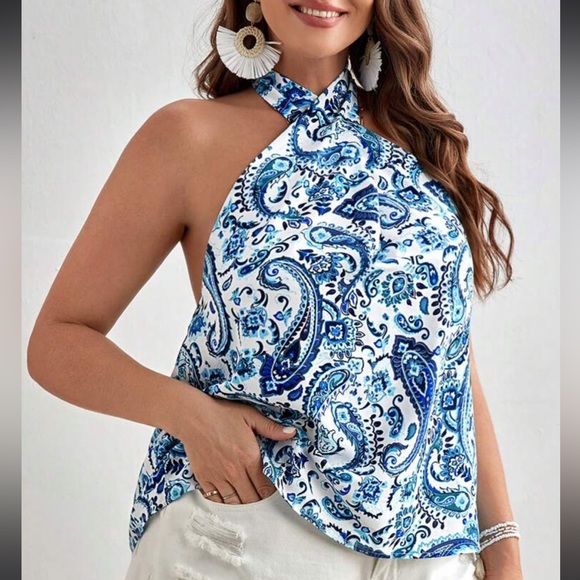 Tops - Plus Size Boho Paisley Print Crisscross Front Halter Neck Top Blouse Shirt